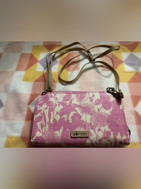 Sakroots Pink and Cream Floral Canvas Crossbody with Tan Strap